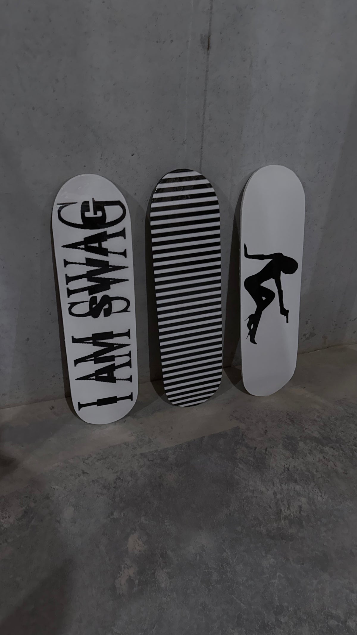 “I AM SWAG” + stripes + silhouette skateboard deck set