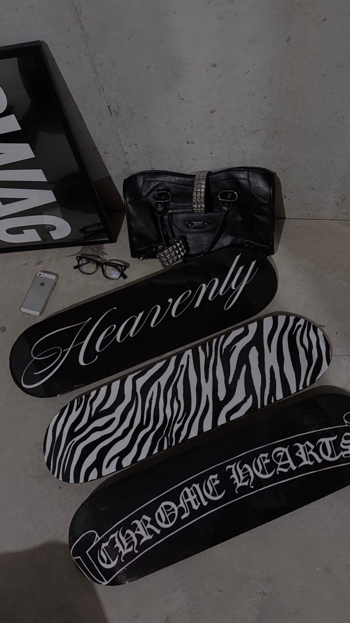 “HEAVENLY” + zebra print + chrome hearts skateboard deck set