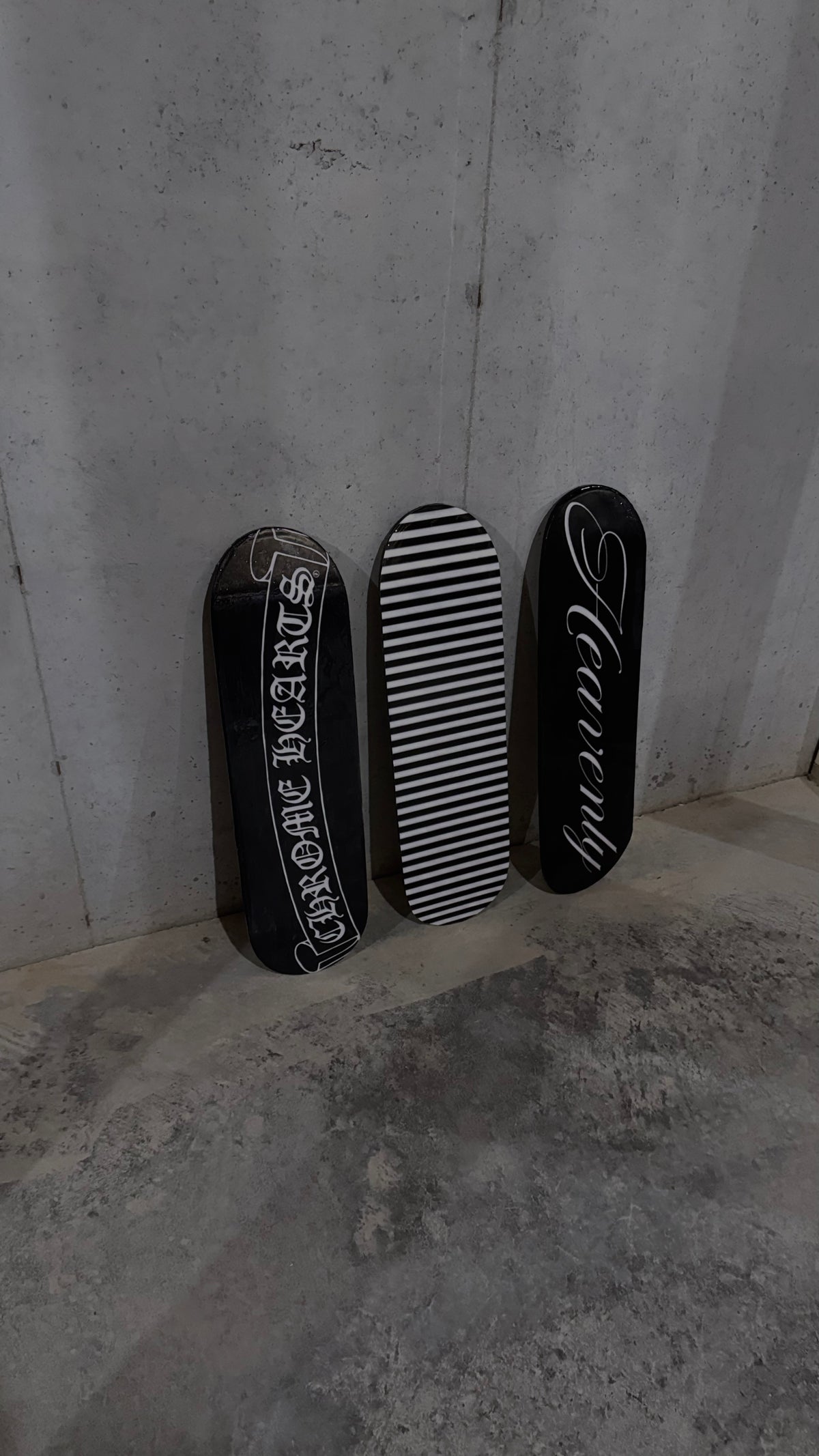 “HEAVENLY” + stripes + chrome hearts skateboard deck set