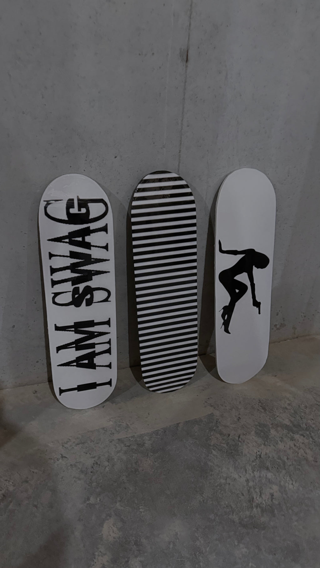 “I AM SWAG” + stripes + silhouette skateboard deck set
