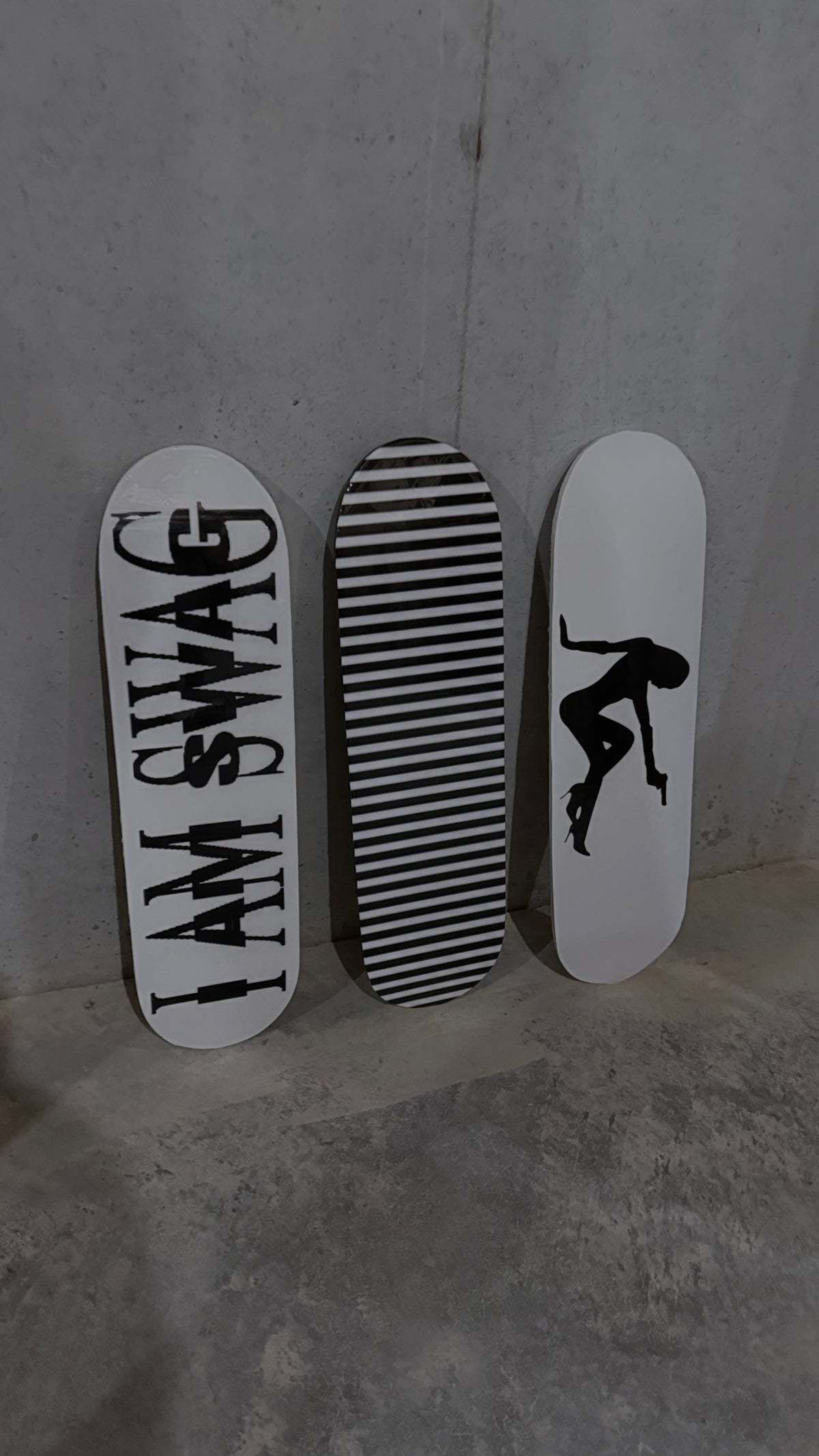 “I AM SWAG” + stripes + silhouette skateboard deck set