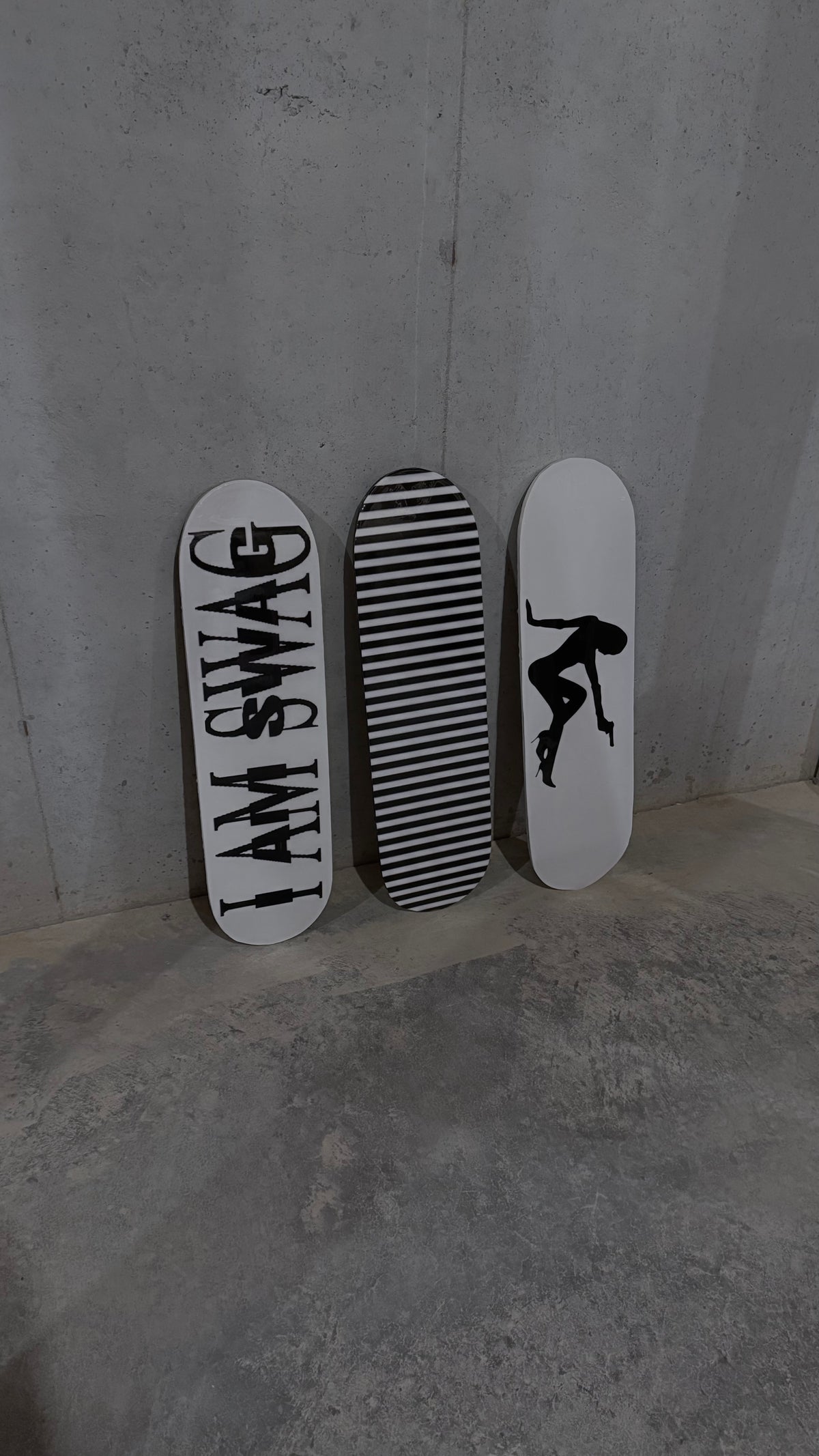 “I AM SWAG” + stripes + silhouette skateboard deck set