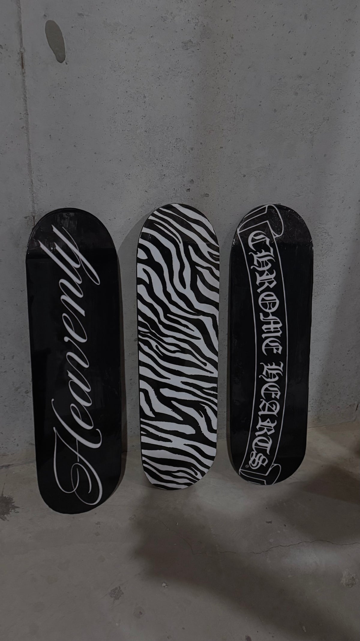 “HEAVENLY” + zebra print + chrome hearts skateboard deck set