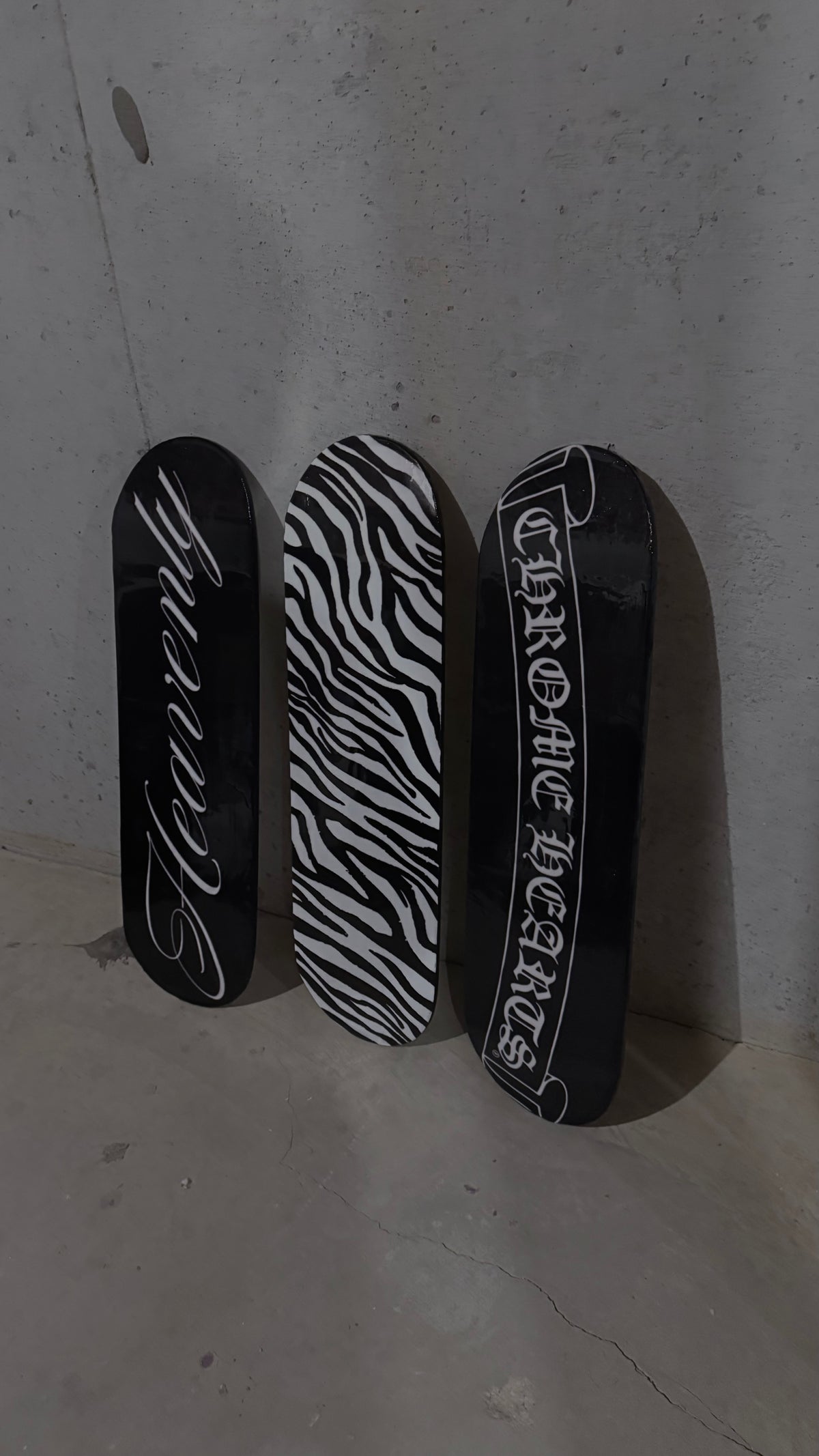 “HEAVENLY” + zebra print + chrome hearts skateboard deck set